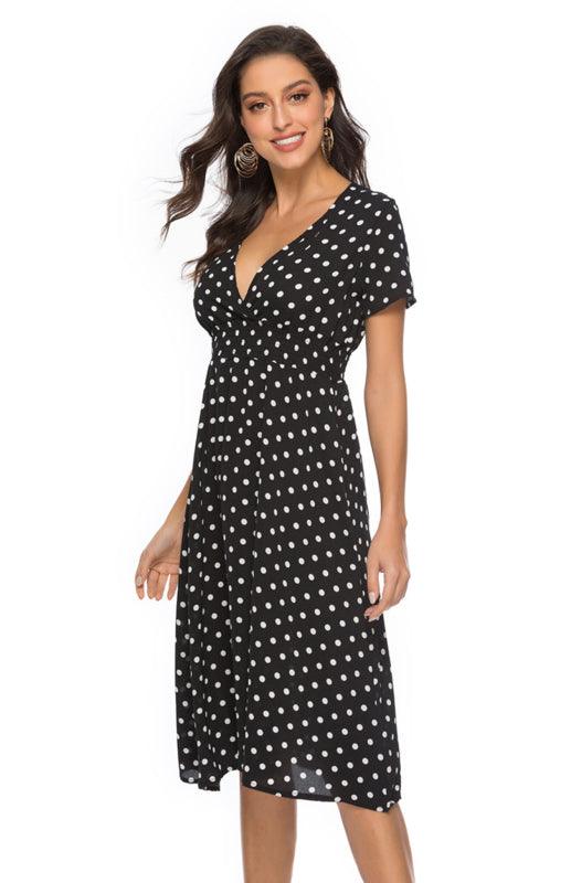 Robe A-ligne Décolleté en V à Pois pour Femmes
