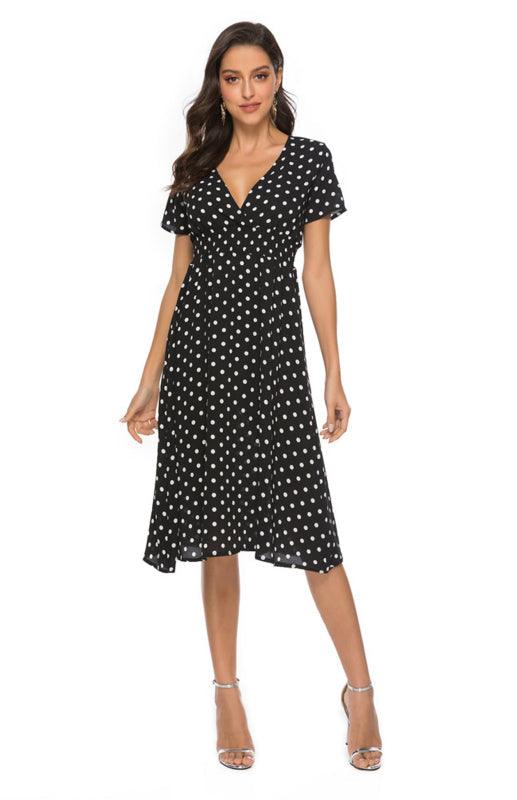 Robe A-ligne Décolleté en V à Pois pour Femmes