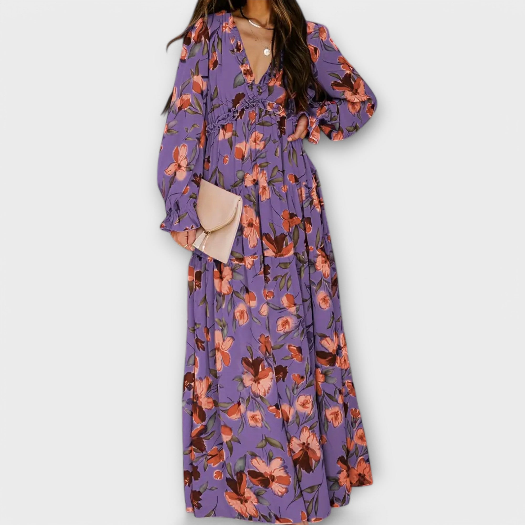 Robe Maxi à Manches Longues et Imprimé Floral pour Femmes