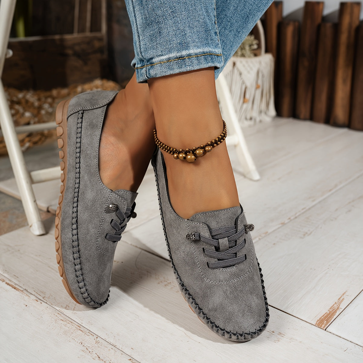 Mocassin Confort à Lacets Décoratifs en Similicuir pour Femme