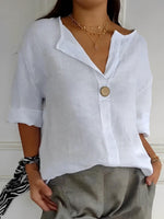 Blouse en Lin Col V à Manches 3/4 pour Femme | Idéale pour le Quotidien