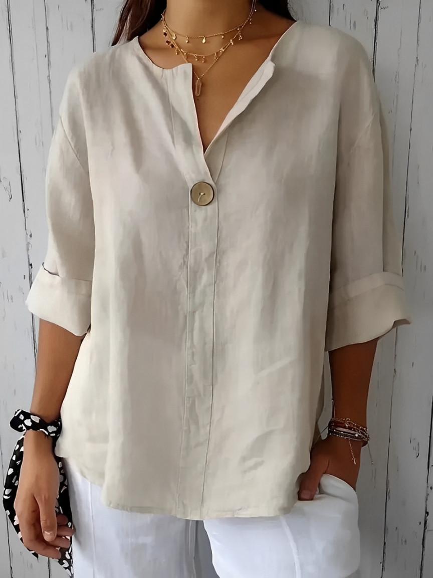 Blouse en Lin Col V à Manches 3/4 pour Femme | Idéale pour le Quotidien