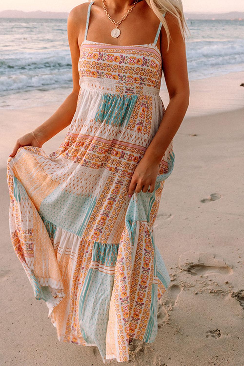 Robe Boho Patchwork Col Carré pour Femmes