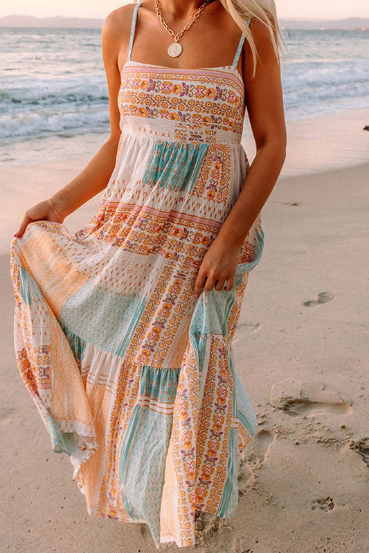 Robe Boho Patchwork Col Carré pour Femmes