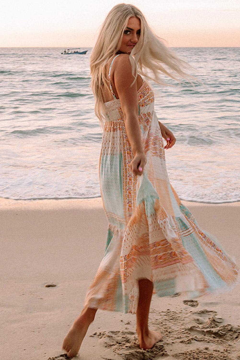 Robe Boho Patchwork Col Carré pour Femmes