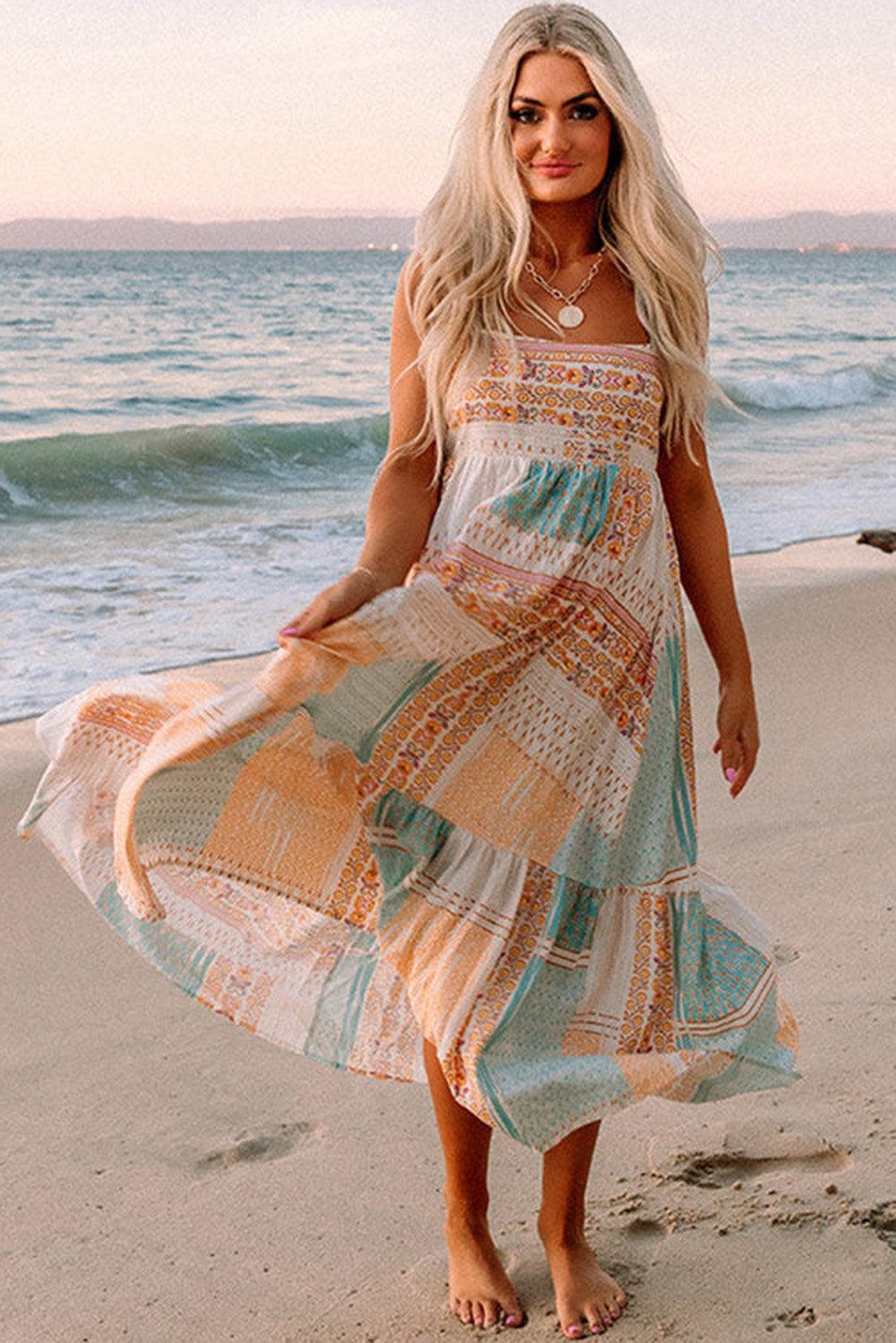Robe Boho Patchwork Col Carré pour Femmes