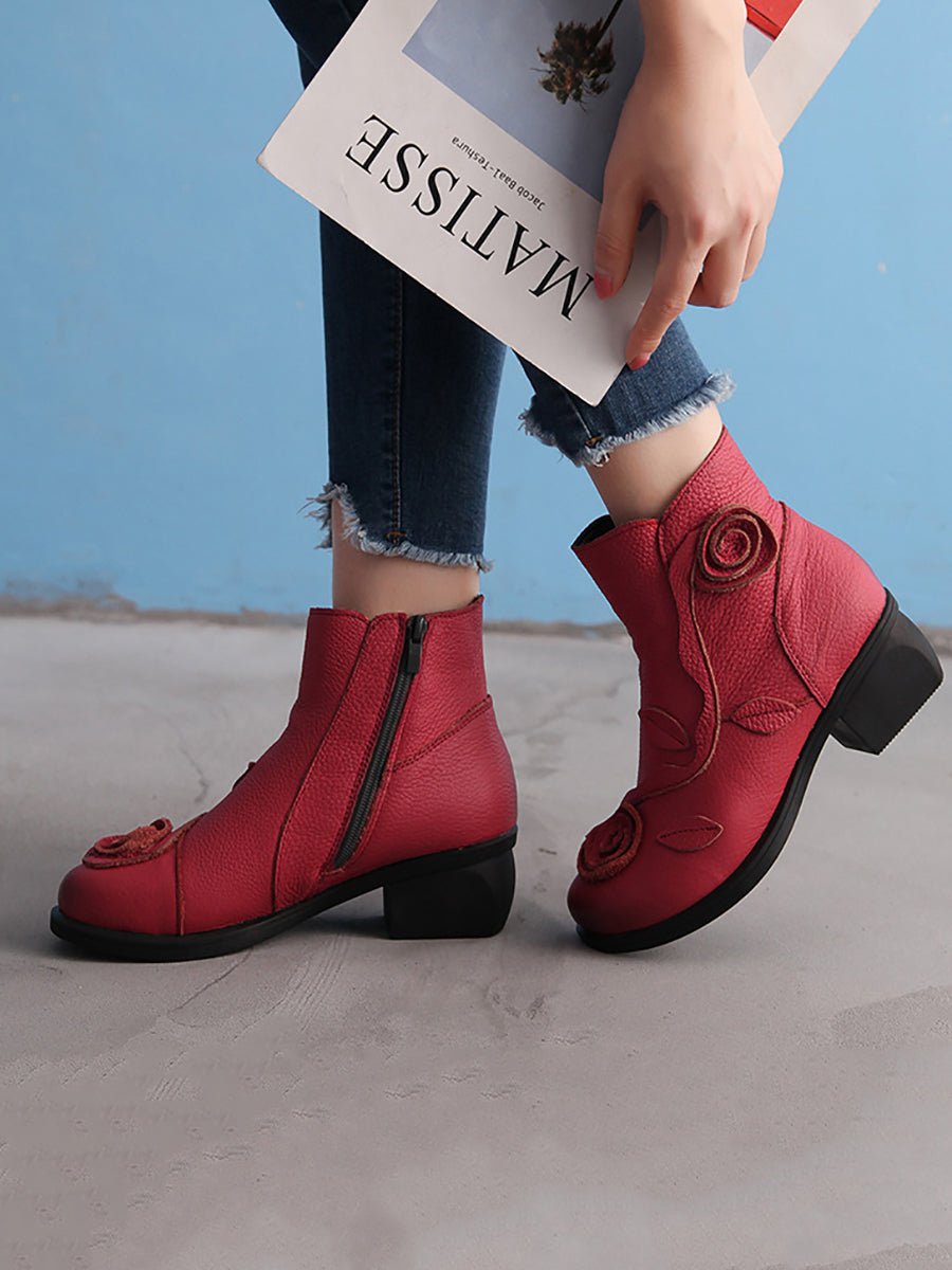 Bottes à Talon Moyen en Cuir avec Motifs Floraux pour Femme - Emilia Lane