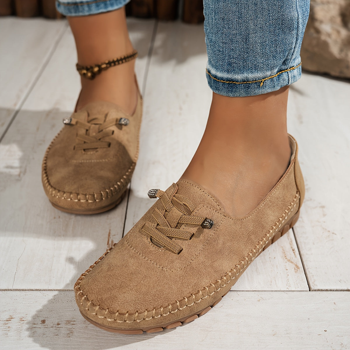 Mocassin Confort à Lacets Décoratifs en Similicuir pour Femme