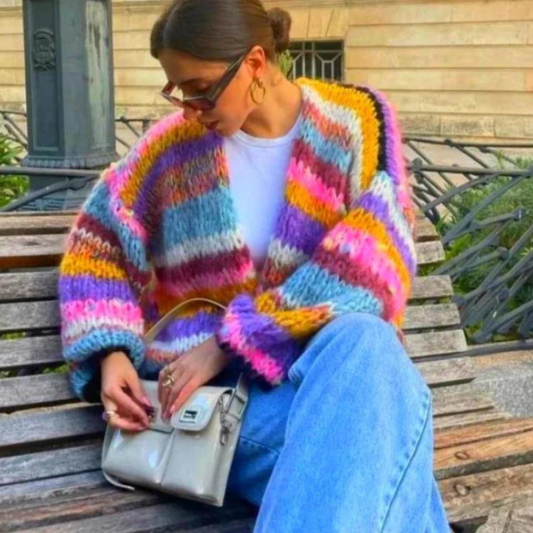 Cardigan Oversize à Col V et Rayures Multicolores pour Femme - Emilia Lane