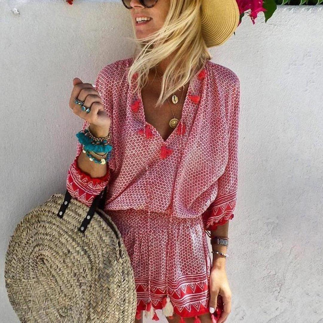 Robe Décontractée en V avec Motif Géométrique pour Femmes