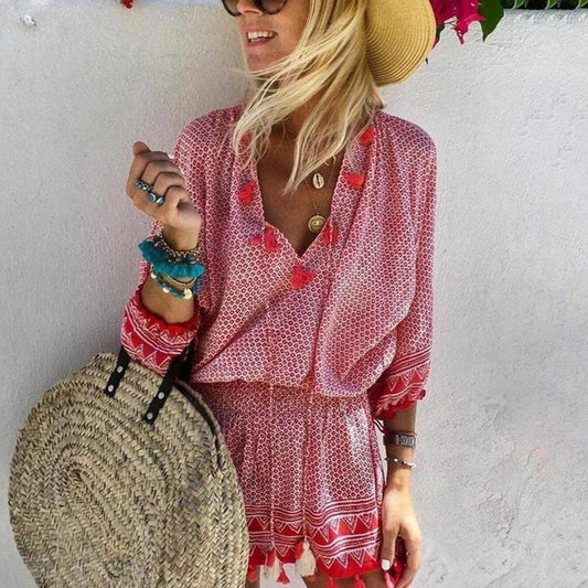 Robe Décontractée en V avec Motif Géométrique pour Femmes