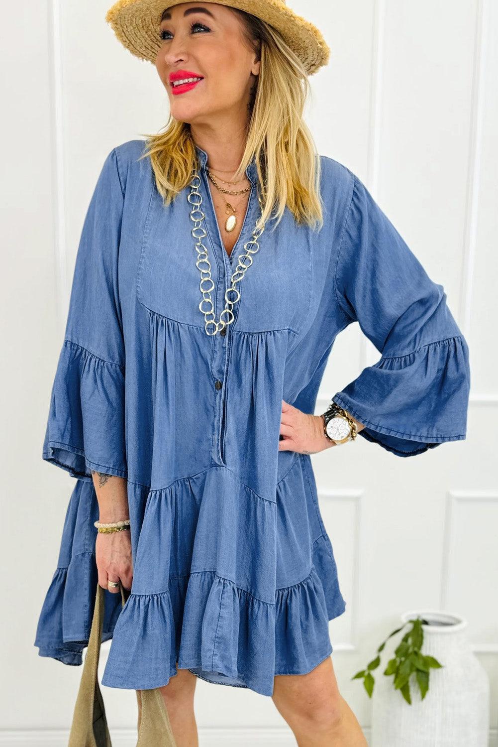 Robe légèrement Volante avec Manches 3/4 en V pour Femmes