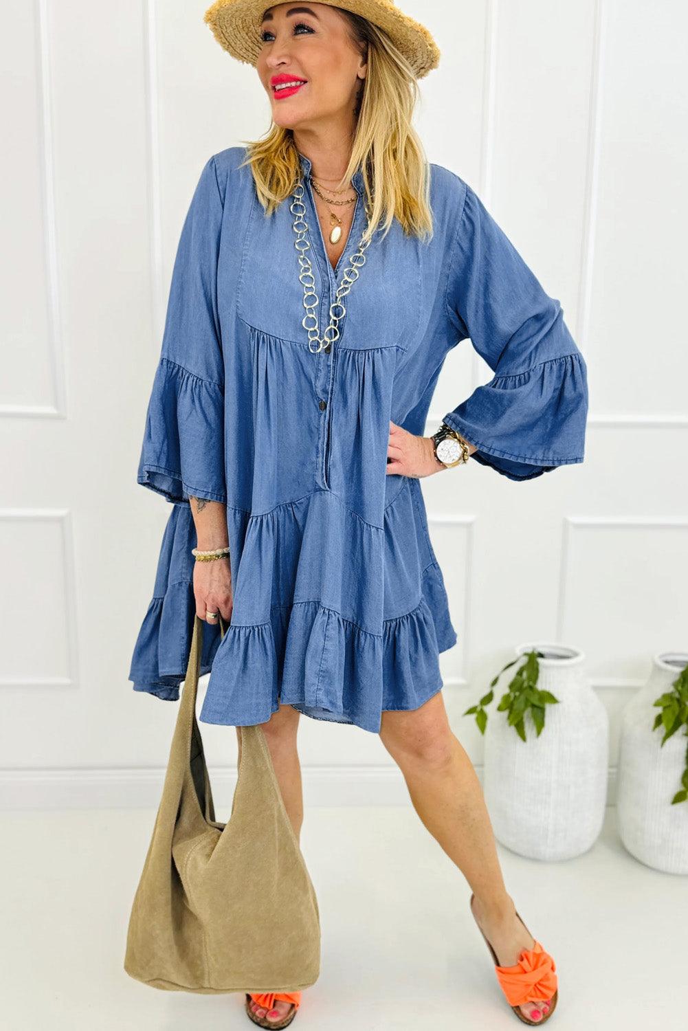 Robe légèrement Volante avec Manches 3/4 en V pour Femmes