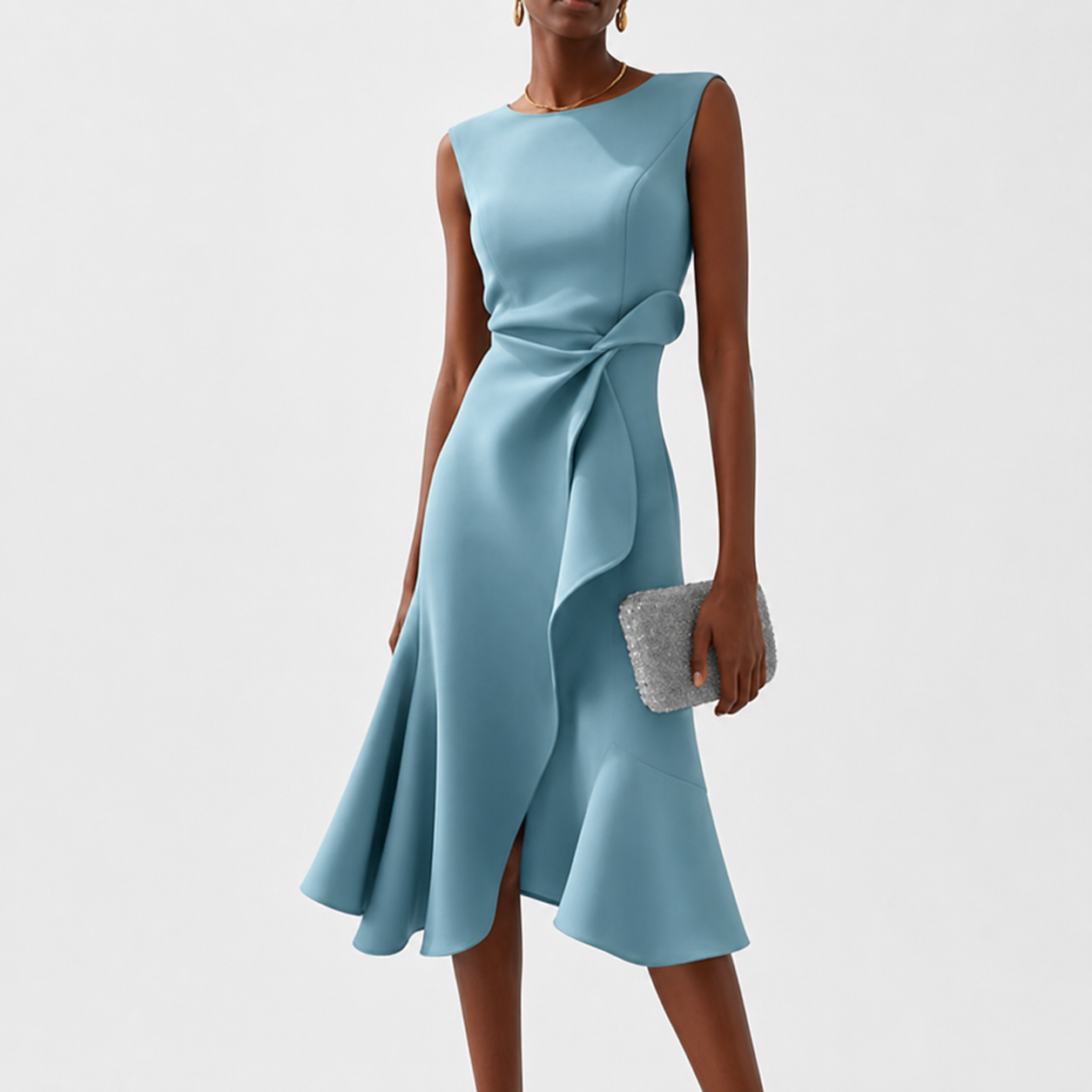 Robe Midi Sans Manches à Détail Drapé pour Femme | Idéale pour les Sorties