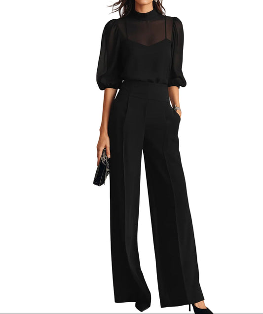 Ensemble Trois Pièces avec Blouse Transparente et Pantalon Large pour Femme | Idéal pour les Banquets