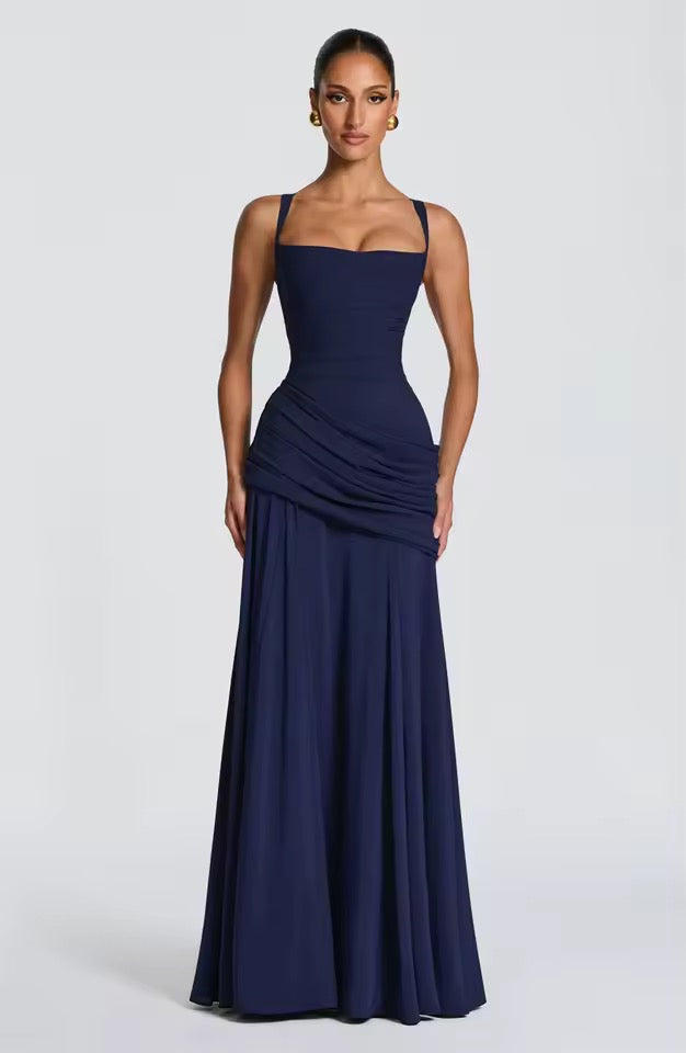 Robe Longue à Encolure Carrée et Drapé Latéral pour Femme | Idéale pour l'Été