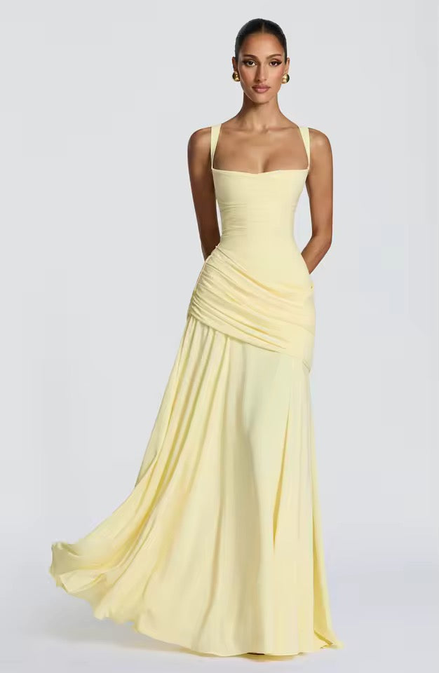 Robe Longue à Encolure Carrée et Drapé Latéral pour Femme | Idéale pour l'Été