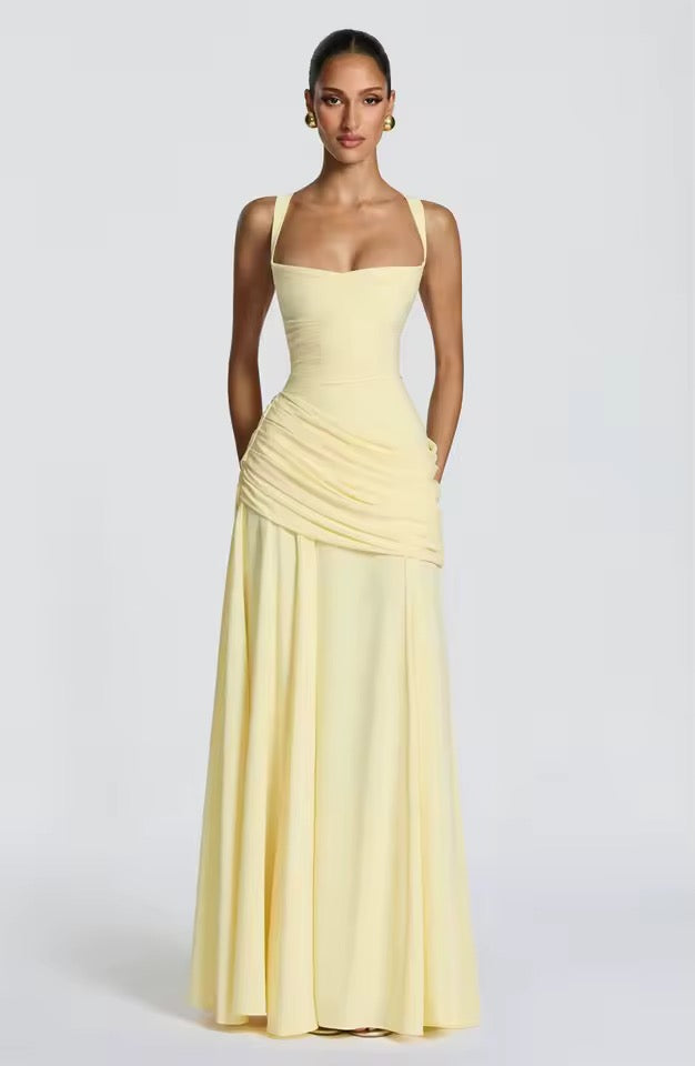 Robe Longue à Encolure Carrée et Drapé Latéral pour Femme | Idéale pour l'Été