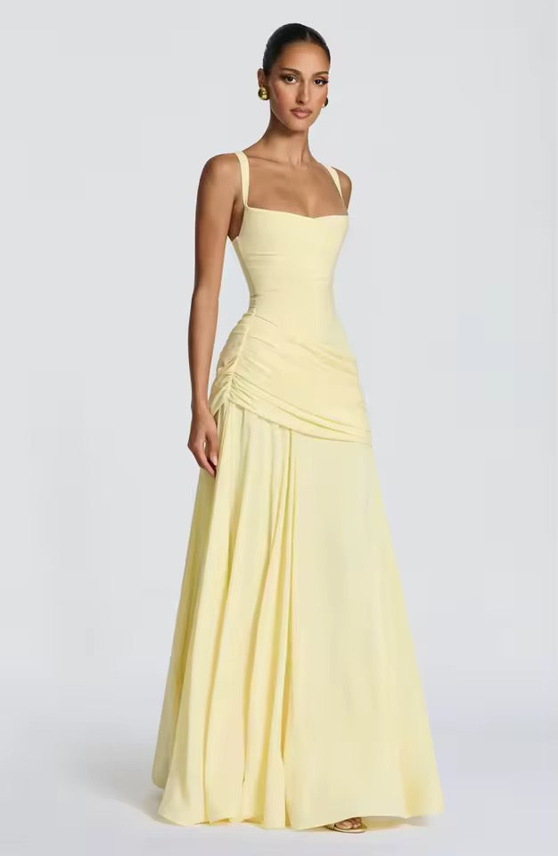 Robe Longue à Encolure Carrée et Drapé Latéral pour Femme | Idéale pour l'Été