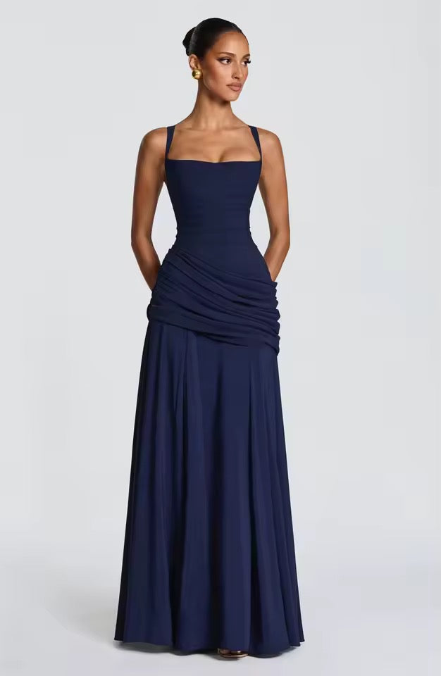 Robe Longue à Encolure Carrée et Drapé Latéral pour Femme | Idéale pour l'Été