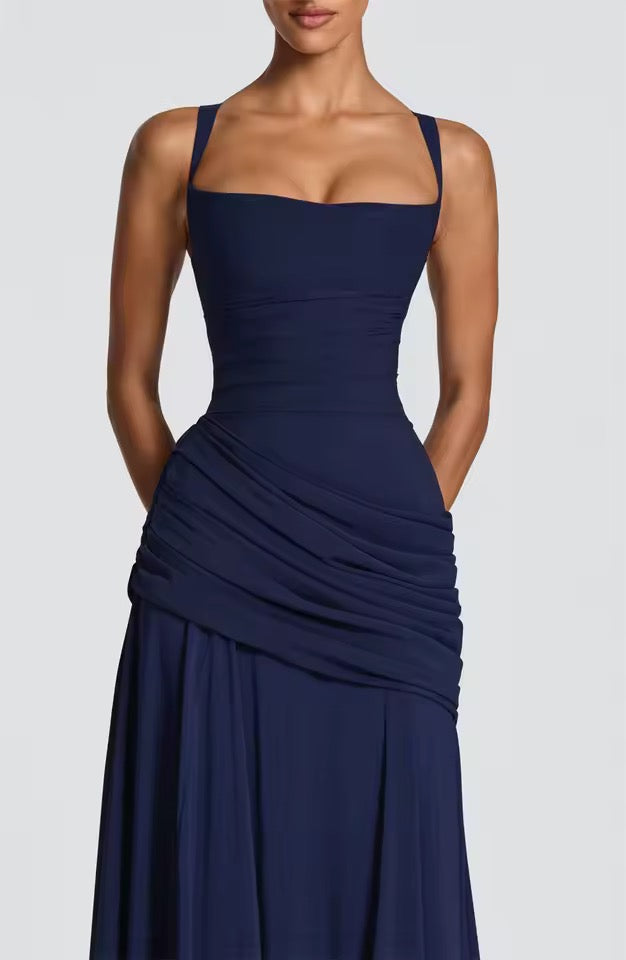Robe Longue à Encolure Carrée et Drapé Latéral pour Femme | Idéale pour l'Été