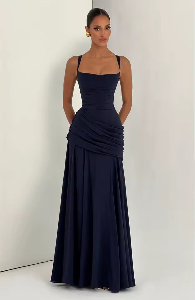 Robe Longue à Encolure Carrée et Drapé Latéral pour Femme | Idéale pour l'Été