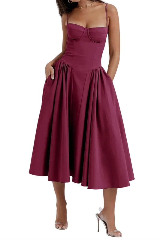 Robe Midi à Träger Ajustée et Plissée pour Femme | Idéale pour les Sorties