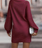 Robe Pull Courte Moulante à Manches Bouffantes et Col Roulé pour Femme
