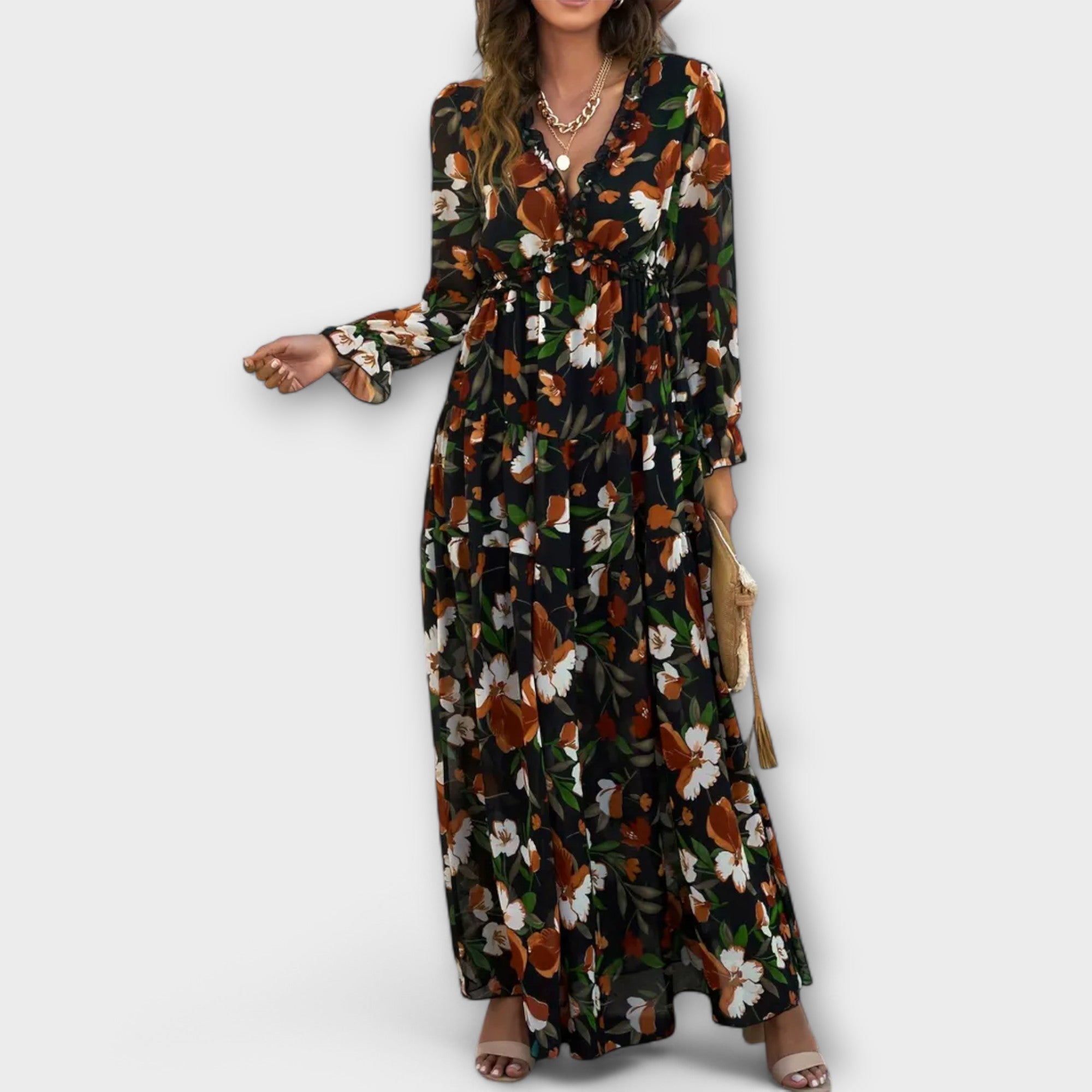 Robe Maxi à Manches Longues et Imprimé Floral pour Femmes