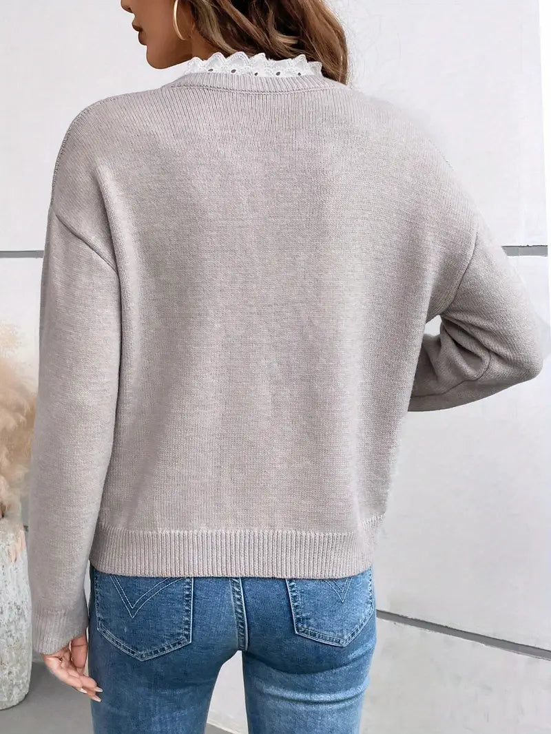 Pull en maille à col en V avec dentelle pour Femmes