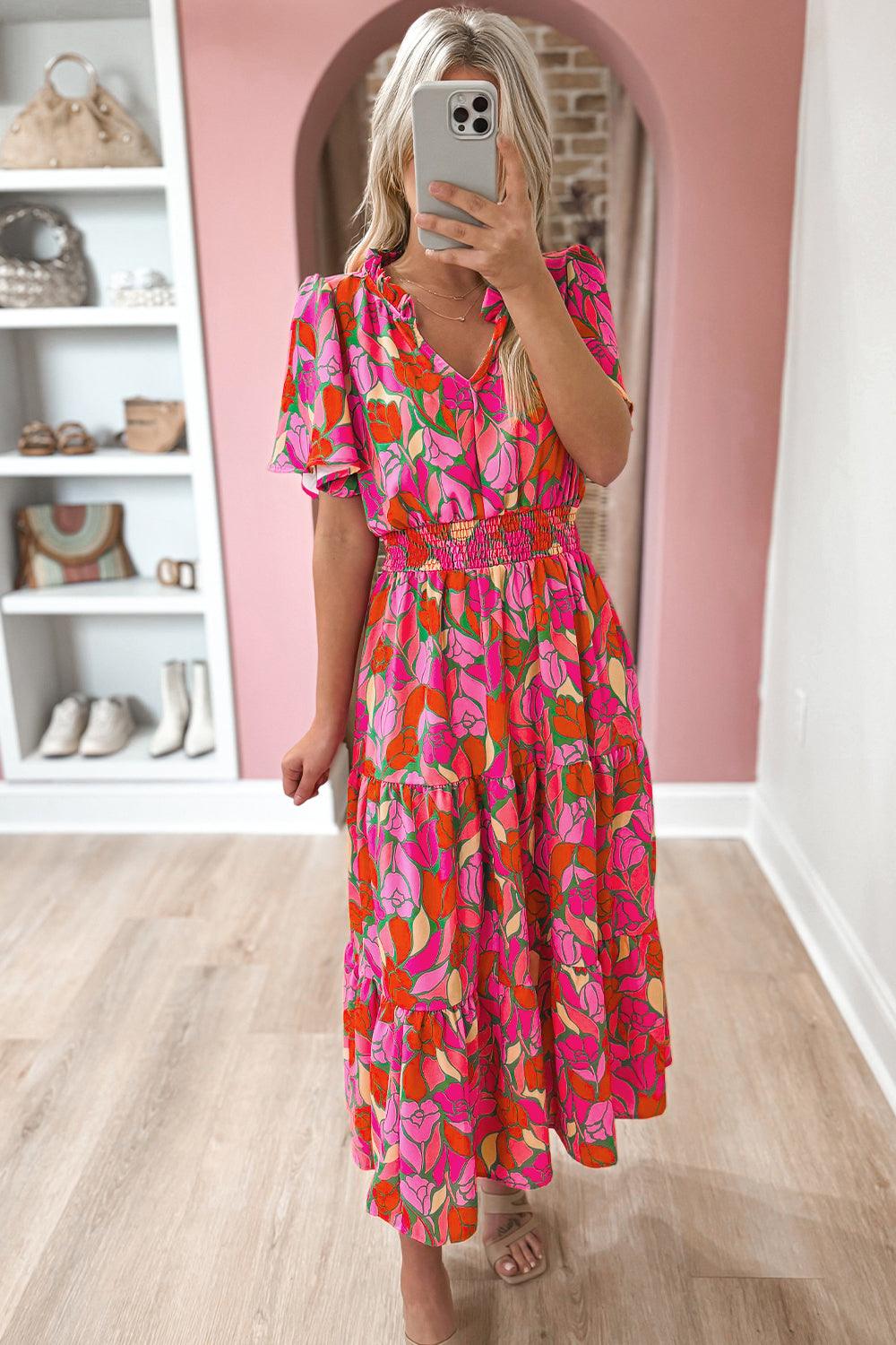Robe Maxi à Imprimé Floral Taille Smockée pour Femmes