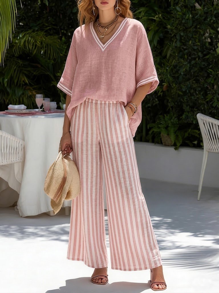 Ensemble Femme en Lin et Coton avec Pantalon Large à Rayures et Haut Col V
