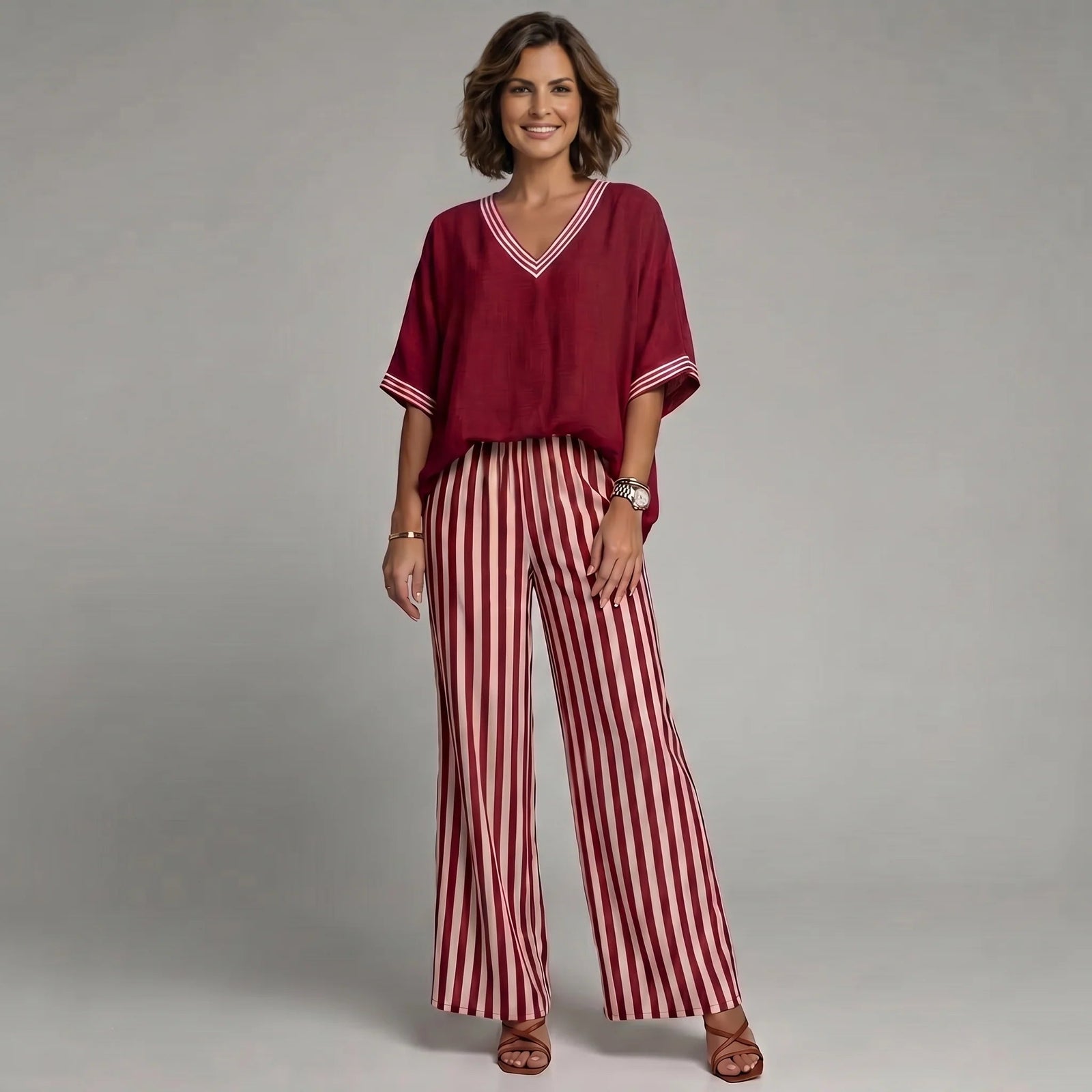 Ensemble Femme en Lin et Coton avec Pantalon Large à Rayures et Haut Col V