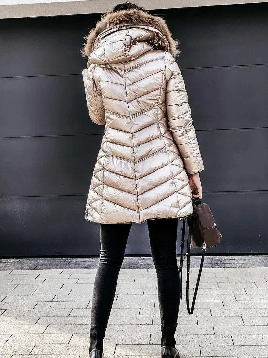 Manteau Long en Duvet avec Col en Fourrure pour Femmes