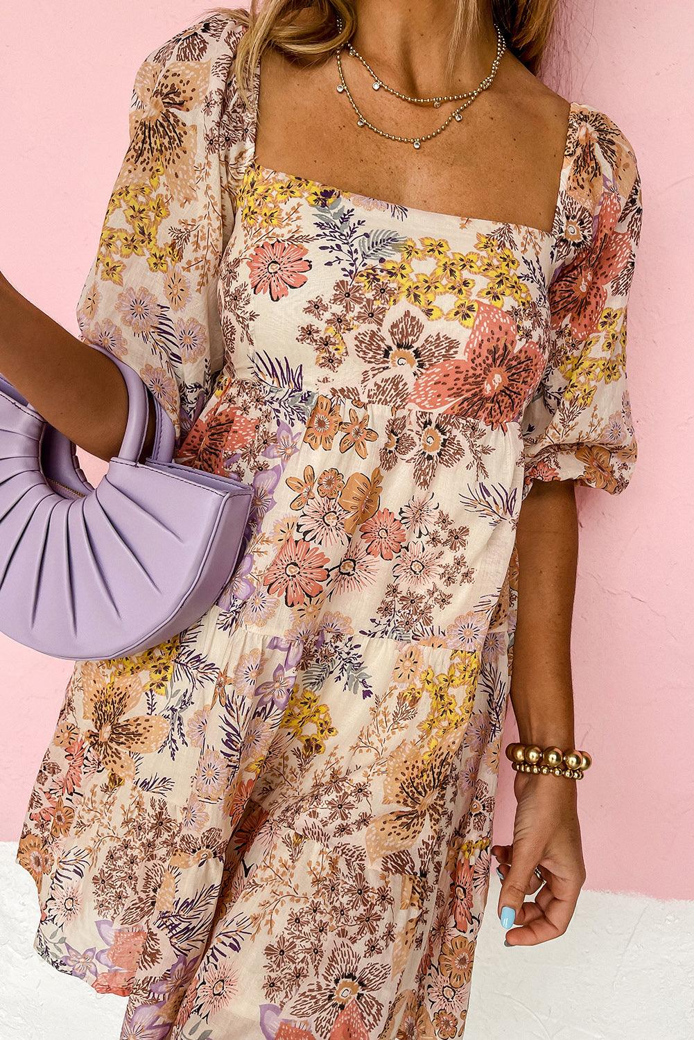 Robe Mini Florale à Manches Courtes pour Femmes