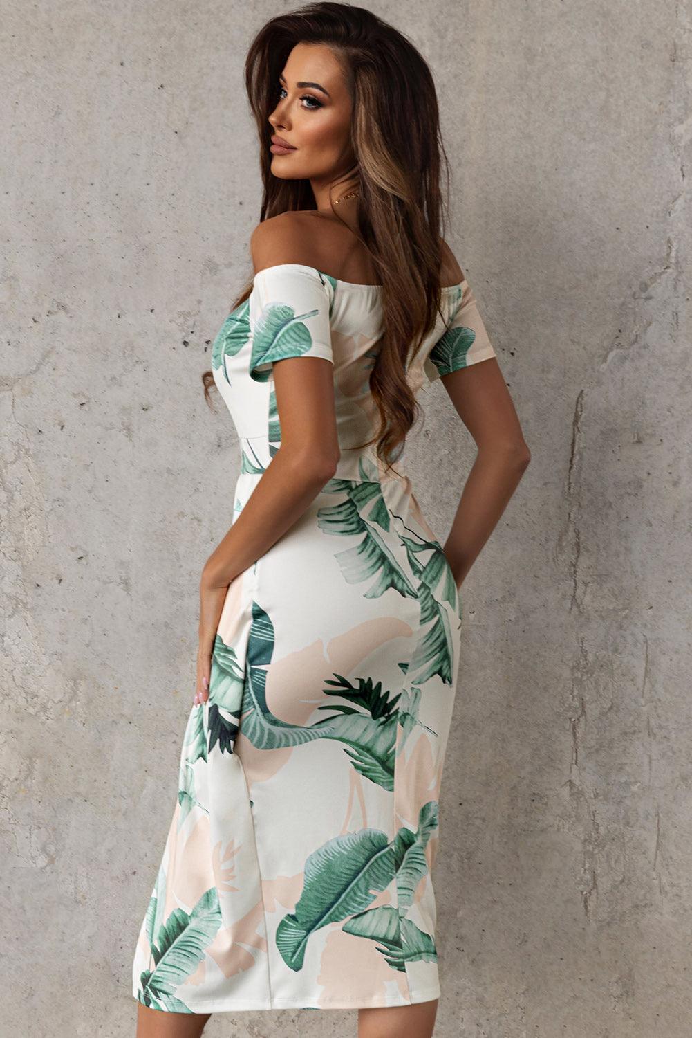 Robe Midi Imprimée Fleurie à Épaules Dégagées