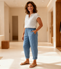 Pantalon Large Taille Haute en Coton et Lin pour Femmes