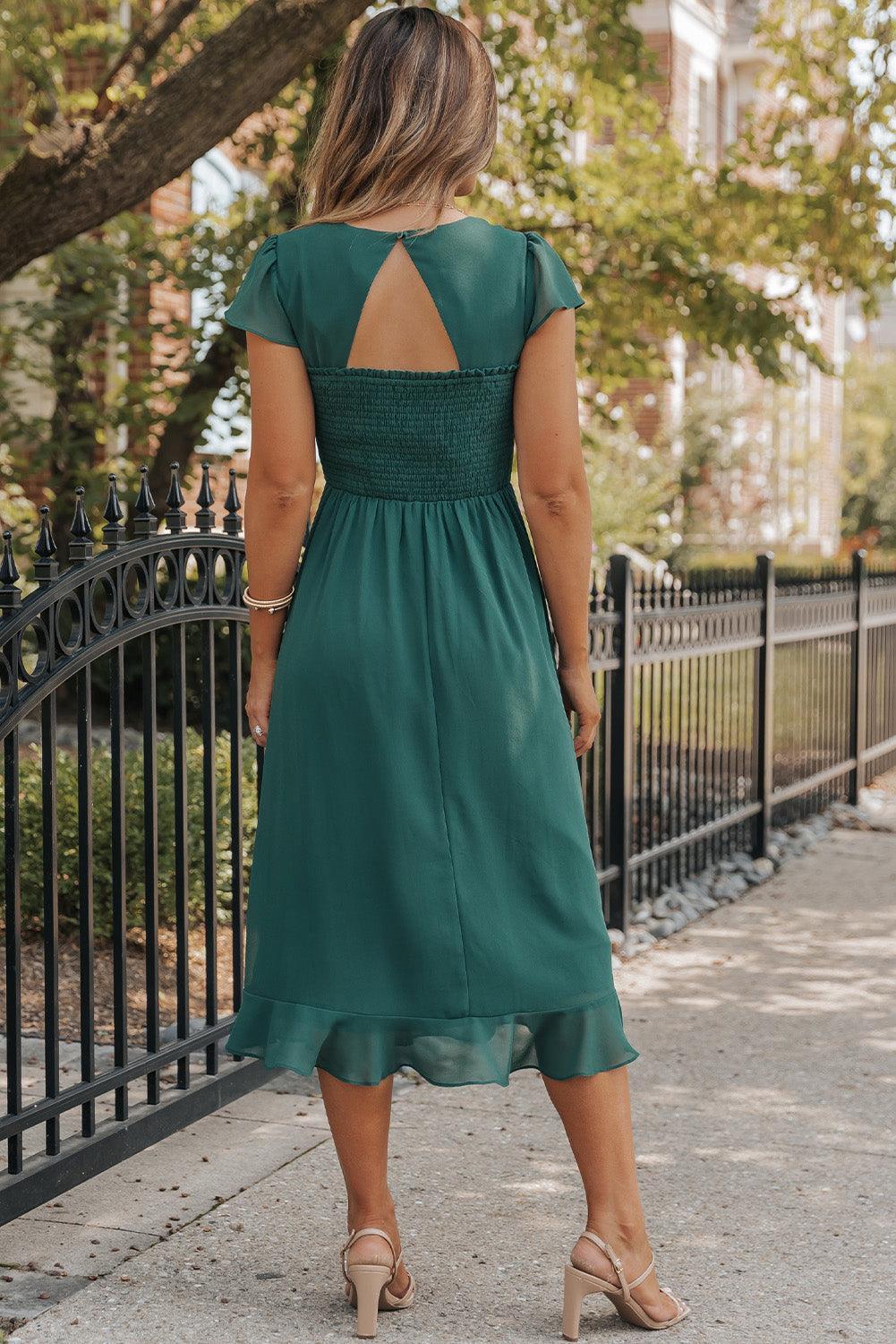 Robe Midi Plissée à Dos Nu Volantée