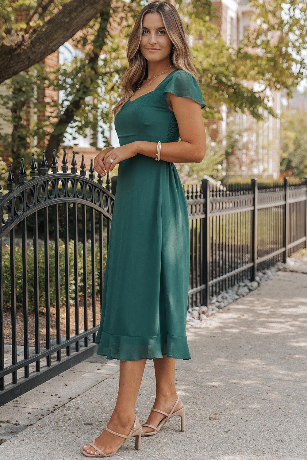 Robe Midi Plissée à Dos Nu Volantée