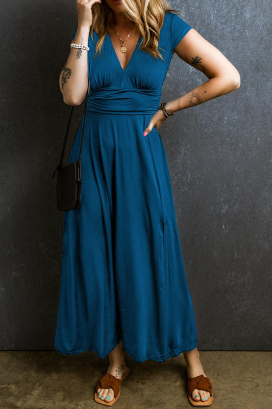Robe Maxi Plissée à Col V avec Manches Courtes