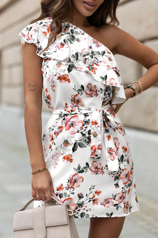 Robe à Volants Haute Taille à Une Épaule