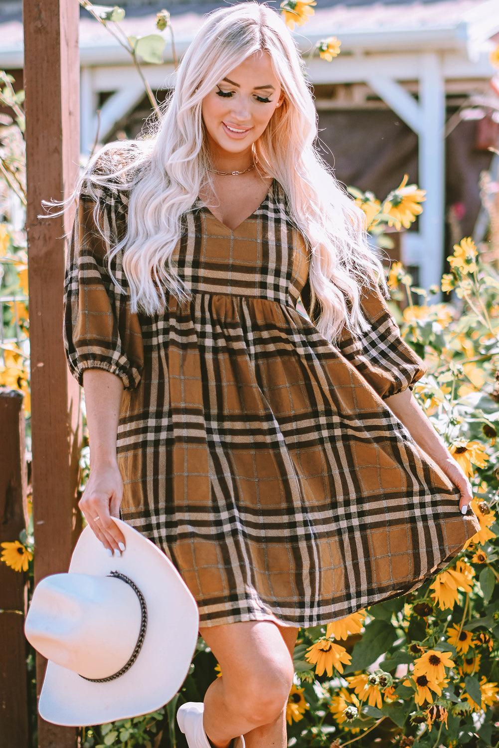 Robe Babydoll Empire à Carreaux pour Femmes