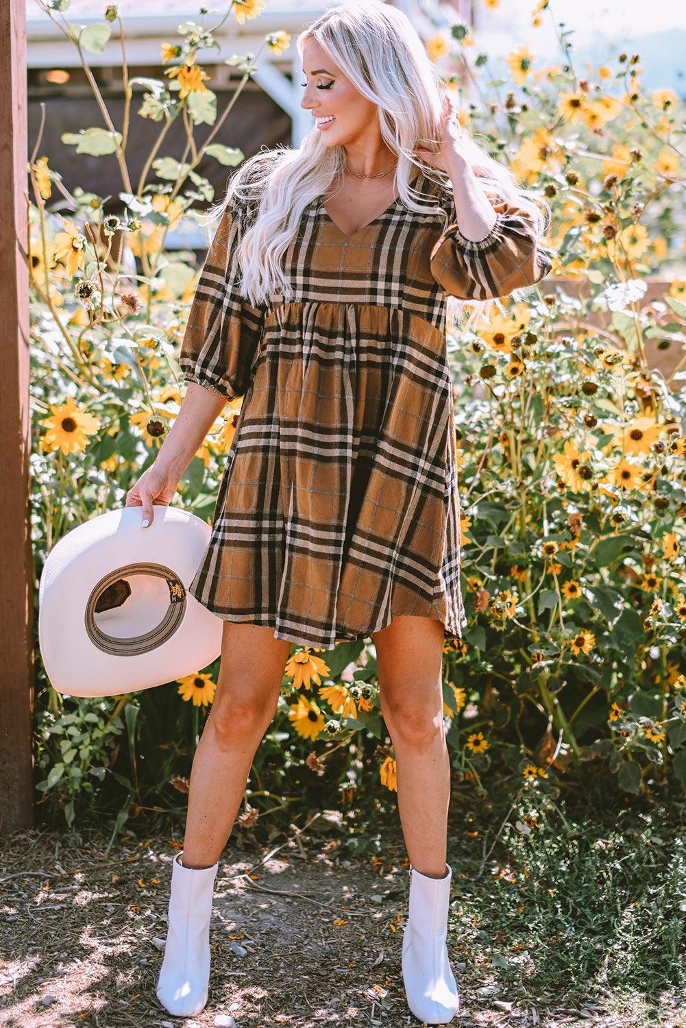 Robe Babydoll Empire à Carreaux pour Femmes