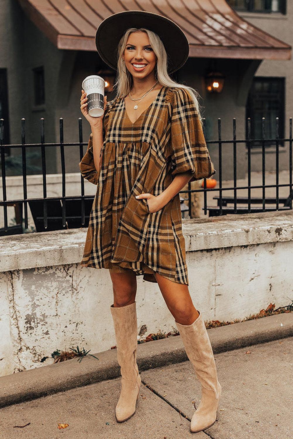 Robe Babydoll Empire à Carreaux pour Femmes