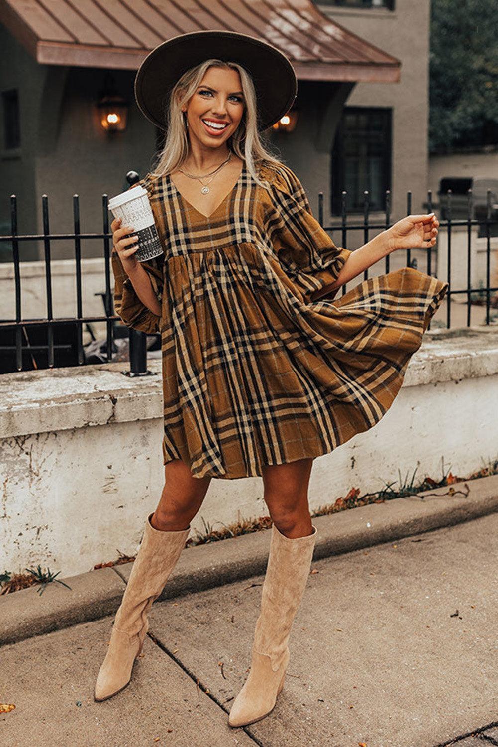 Robe Babydoll Empire à Carreaux pour Femmes