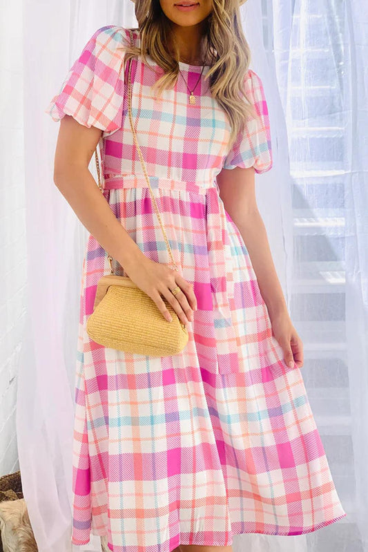 Robe Midi Carreautée Manches Bouffantes pour Femmes