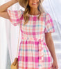 Robe Midi Carreautée Manches Bouffantes pour Femmes