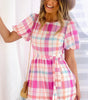 Robe Midi Carreautée Manches Bouffantes pour Femmes