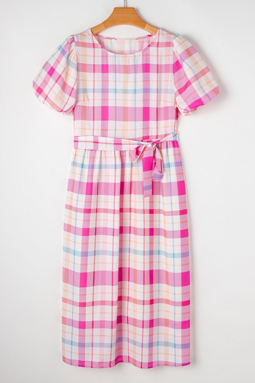 Robe Midi Carreautée Manches Bouffantes pour Femmes