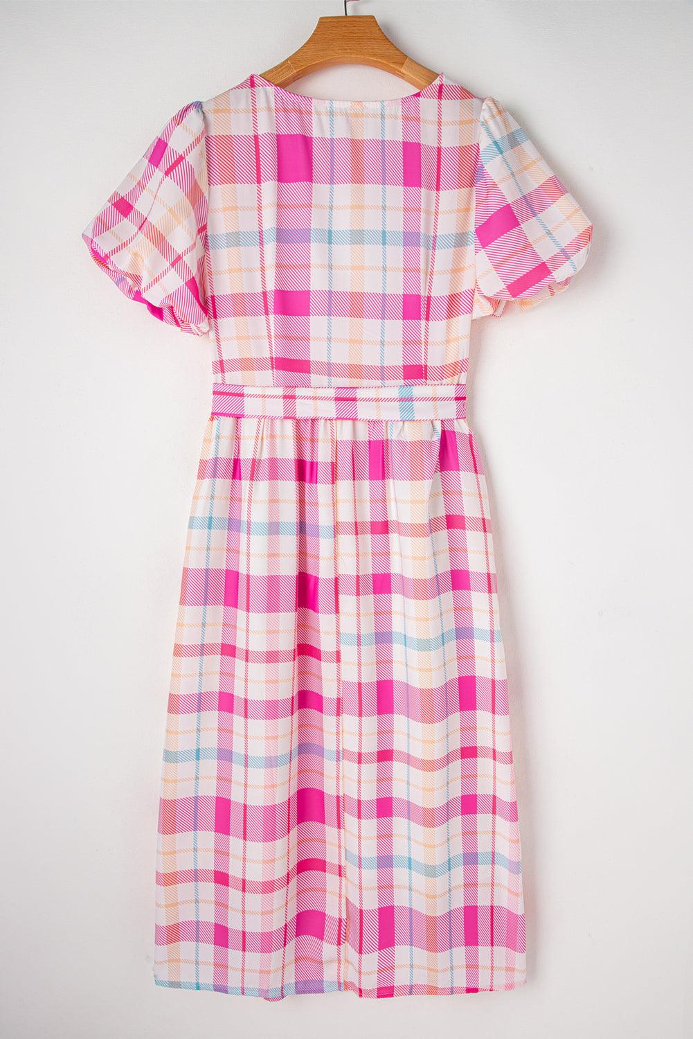 Robe Midi Carreautée Manches Bouffantes pour Femmes